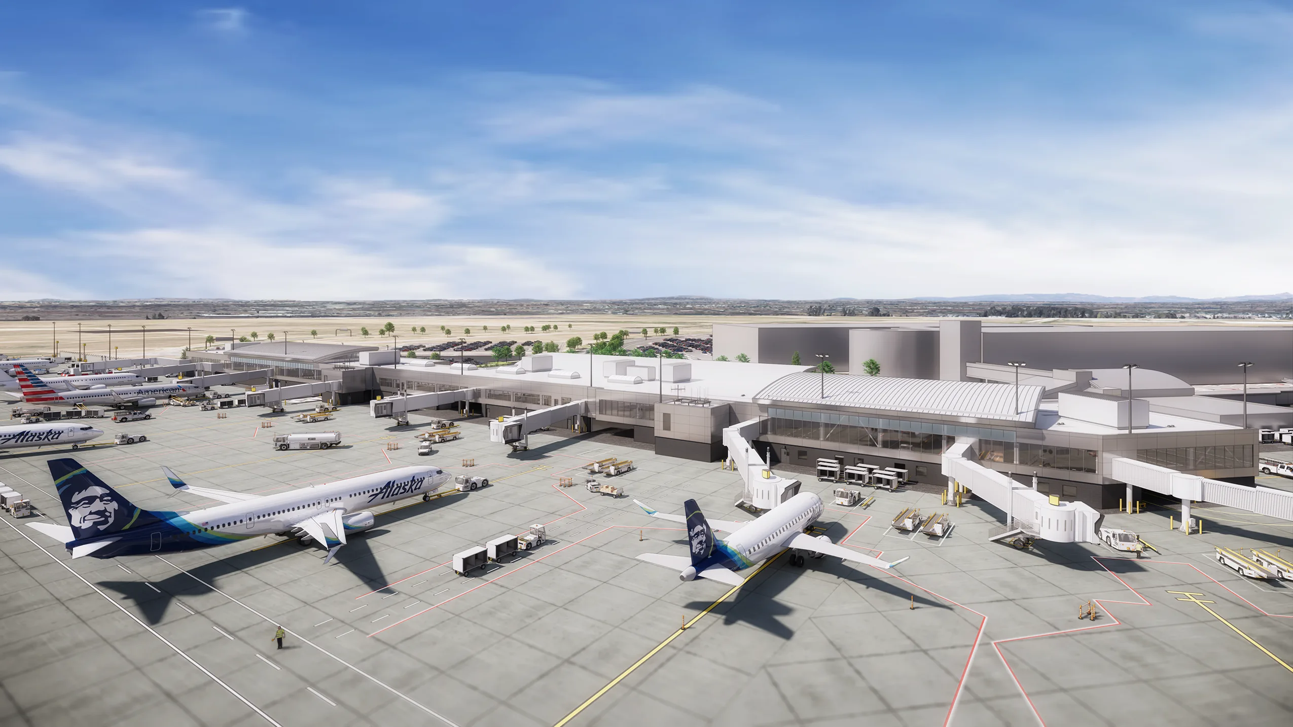 An architectural rendering of an airport tarmac showing multiple Alaska Airlines and American Airlines aircraft parked at gates along a modern terminal expansion with jet bridges, ground support equipment, and a clear blue sky.