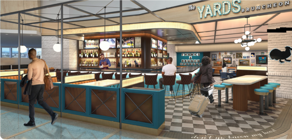 An architectural rendering of The Yards Bruncheon, a restaurant concept planned for Spokane International Airport, featuring a full bar with backlit shelving, teal and wood accents, checkerboard flooring, bar seating, and travelers dining and passing through.