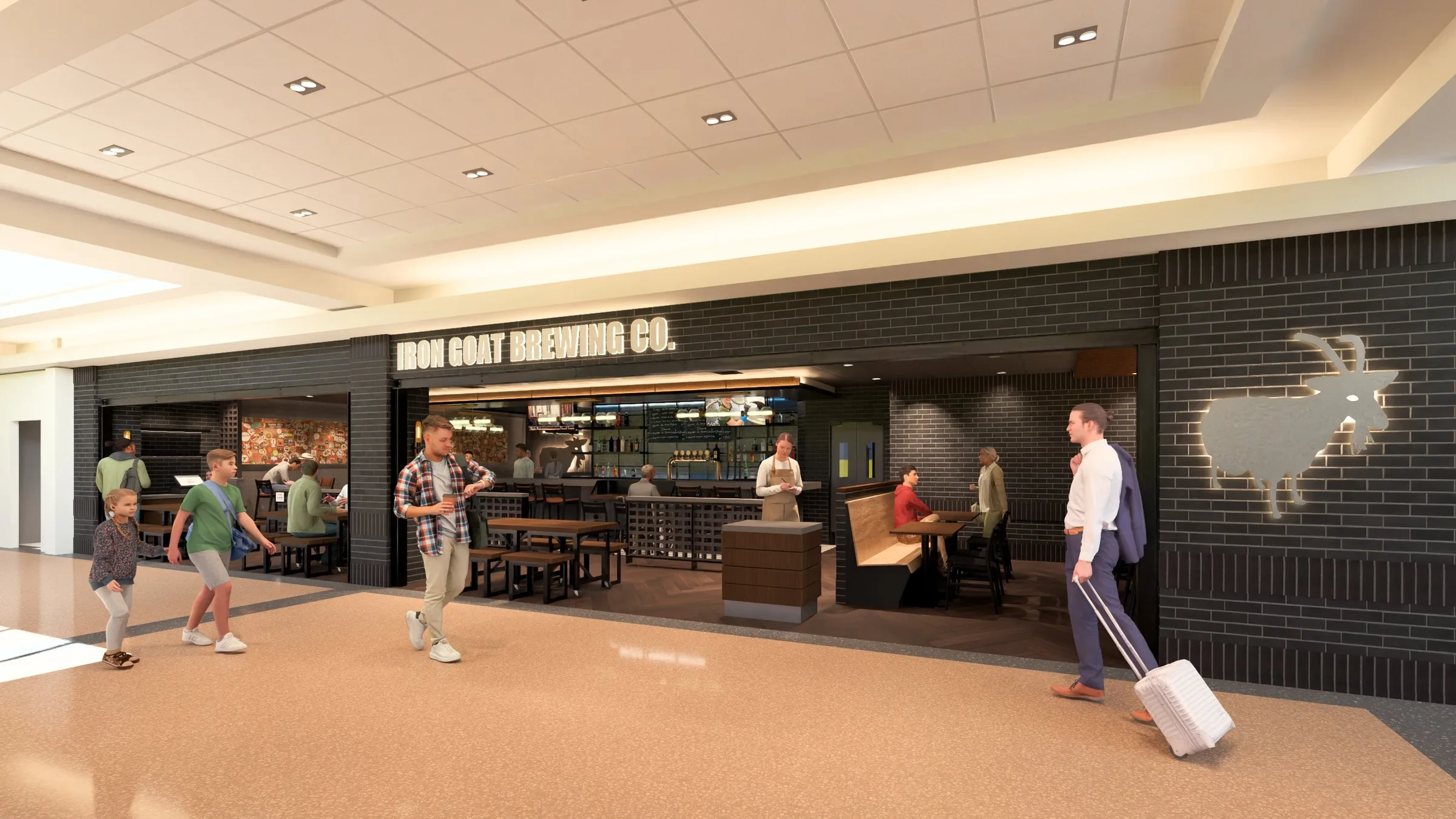 An architectural rendering of the Iron Goat Brewing Co. restaurant at Spokane International Airport, featuring a dark brick facade with illuminated signage, an open bar and dining area with wood accents, a goat logo on the wall, and travelers and staff visible inside and outside the entrance.