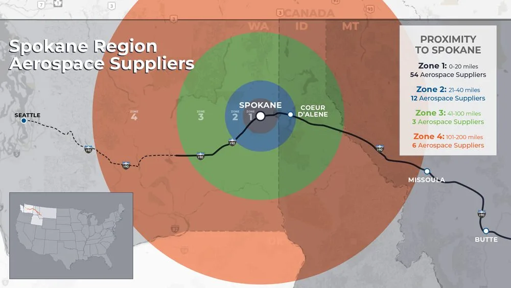 Map encompassing Spokane, Washington and proximity to regional aerospace supplies
